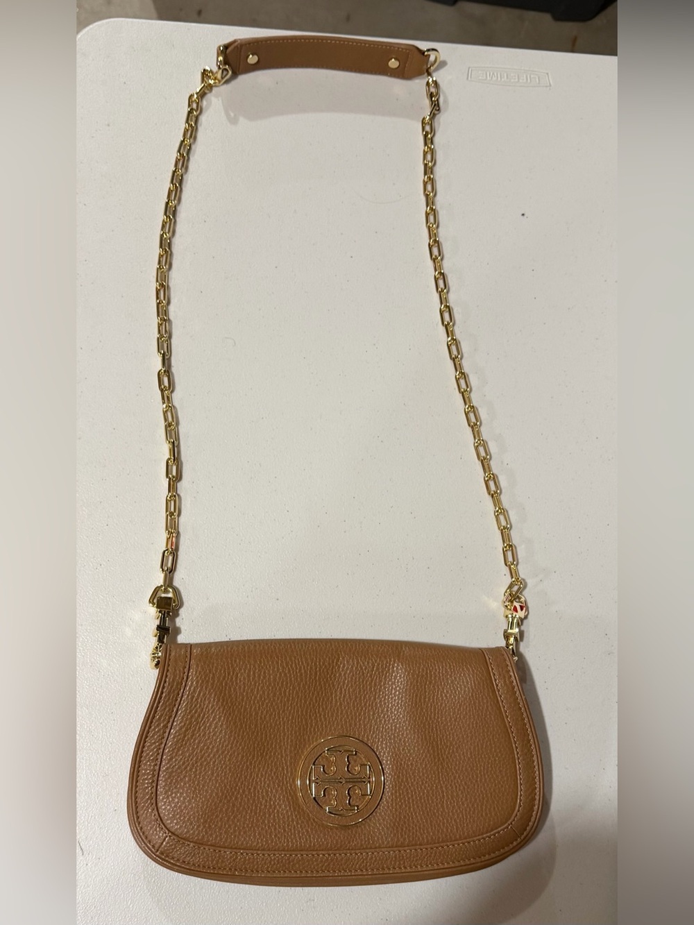 Tory Burch Cognac Leather Chain Shoulder Bag with Gold Hardware
